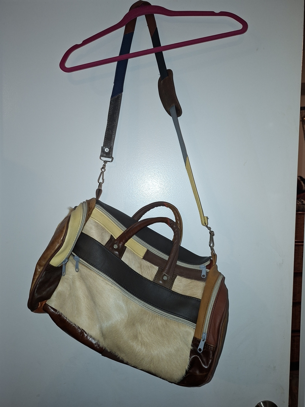 American Vintage Brown & Cream Leather Haircalf Patchwork Hobo Bag